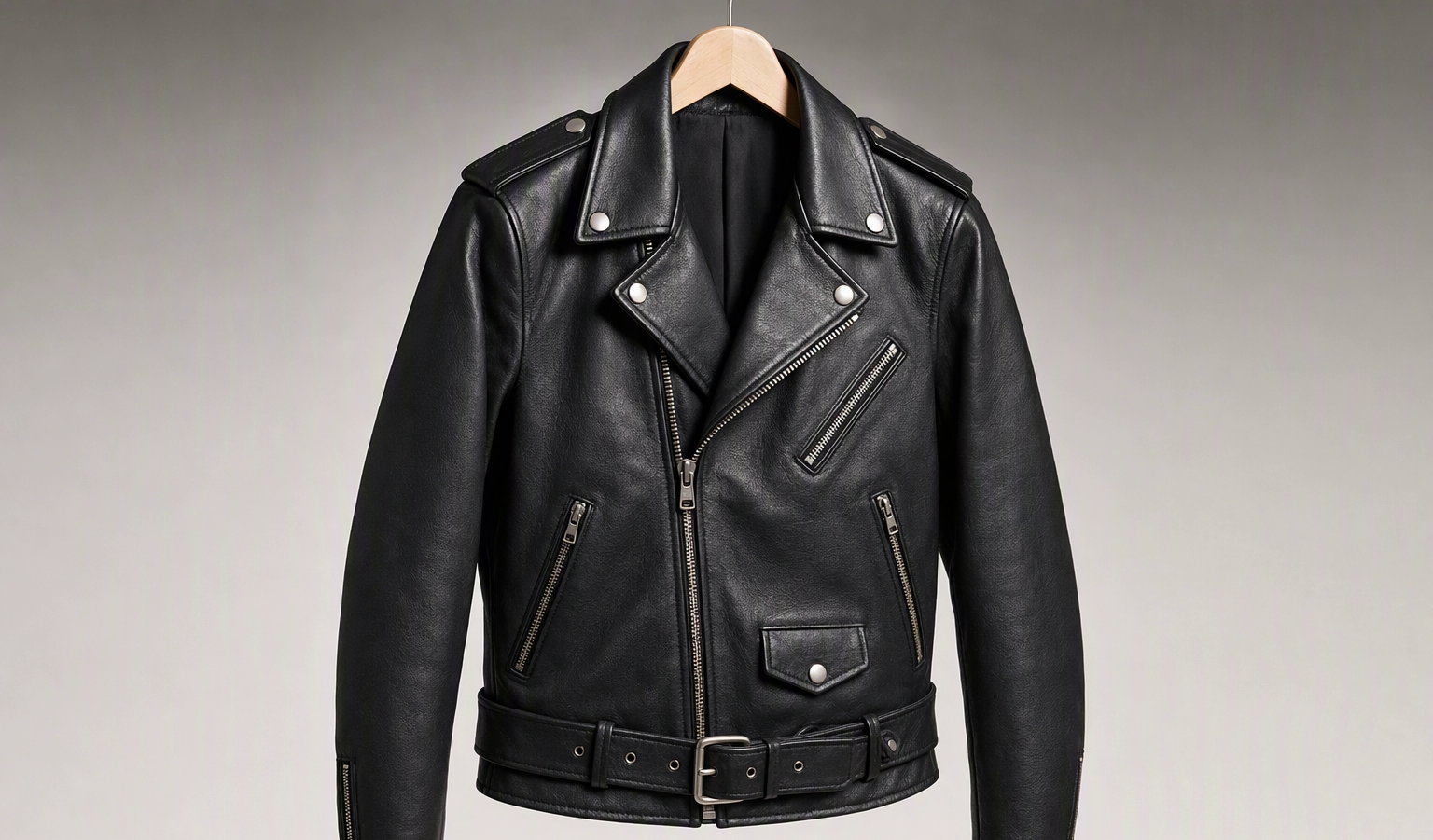 Classic black leather biker jacket on a hanger