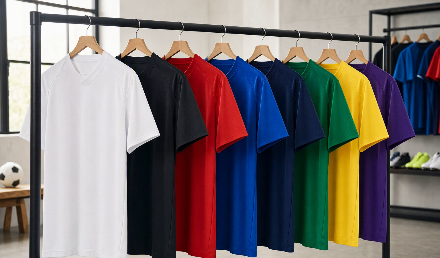Blank sublimated soccer jerseys on a rack