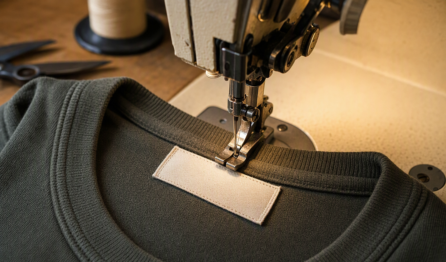 Sewing a woven neck label onto a garment for private labelling